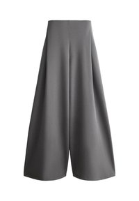 Pantalon gris à jambes larges, taille haute et tissu lisse, présenté à plat sur fond blanc.