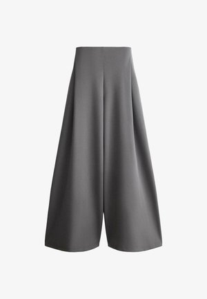 Široké sivé nohavice s vysokým pásom a hladkou látkou, zobrazené na bielom pozadí.