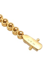 Bracciale placcato oro con anelli circolari intrecciati. La chiusura è rettangolare con incisioni, misura 925 e presenta un logo.