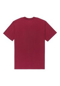 Jednolity bordowy T-shirt z krótkim rękawem z bawełny widoczny z tyłu na białym tle.