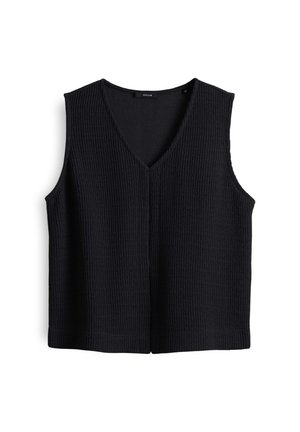 Top senza maniche nero realizzato in tessuto testurizzato con scollatura a V. Presenta una vestibilità ampia e orlo dritto. Design semplice e versatile.