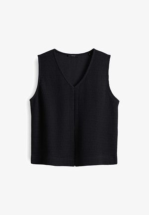 Top senza maniche nero realizzato in tessuto testurizzato con scollatura a V. Presenta una vestibilità ampia e orlo dritto. Design semplice e versatile.