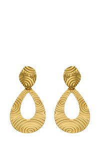 Guld ørehængere med et struktureret spiral m�ønster, i en tåreform og med en oval topdesign med en glat finish.