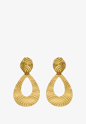 Cercei din aur cu un model texturat în spirală, având o formă de picătură și un design oval în partea de sus, cu un finisaj neted.