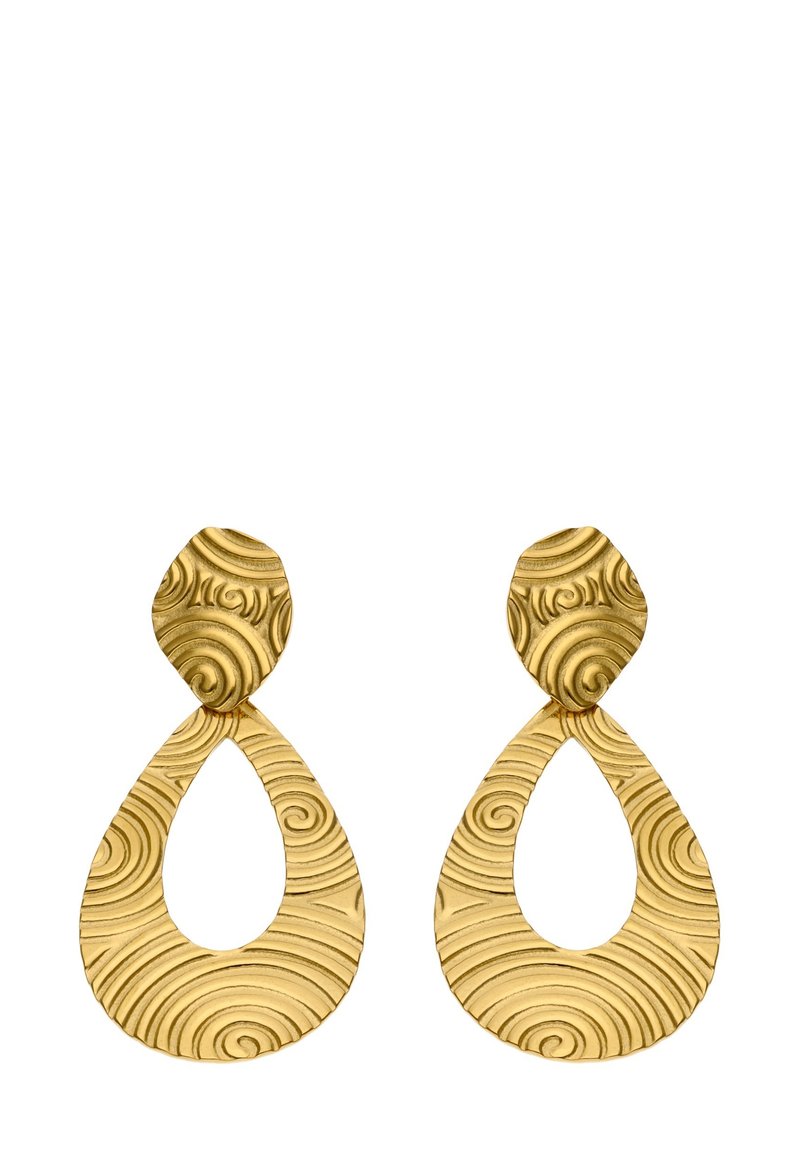 Guld ørehængere med et struktureret spiral mønster, i en tåreform og med en oval topdesign med en glat finish.