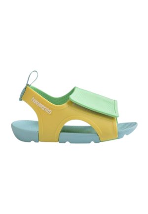 Sandalo per bambino a punta aperta con suola azzurro chiaro, lati gialli e cinturino verde regolabile sulla parte superiore, con inserto sul tallone.