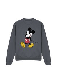 Gray sweatshirt featuring a vintage Mickey Mouse graphic in black, white, and red, with yellow shoes. Classic crew neck design.
