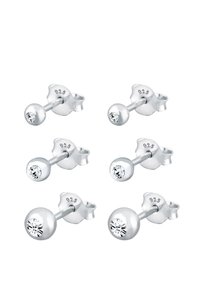 Set med sex silver 925 studörhängen som har runda fästen med inlagda klara kristaller, slät metallfinish och en enkel design.