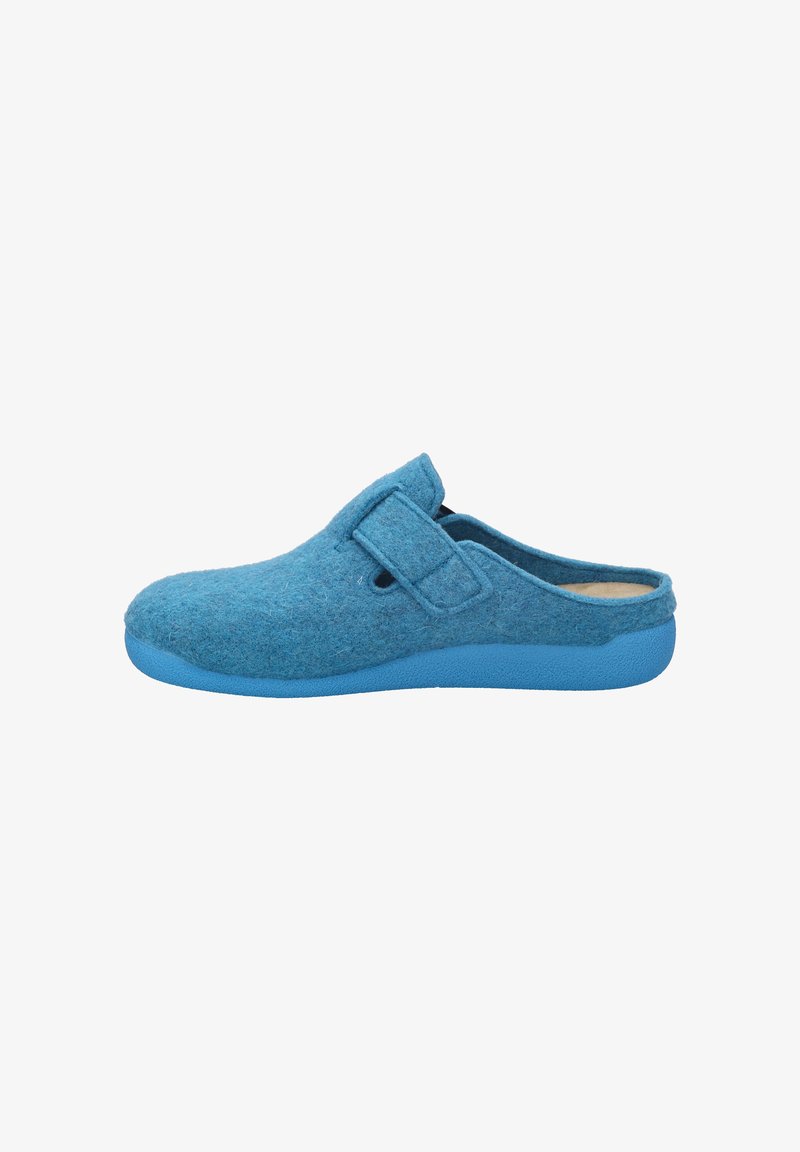 Vilten klompen in helderblauw met een gestructureerde bovenkant, slip-on ontwerp en een zachte blauwe rubberen zool. Voorzien van een klittenbandsluiting voor aanpassing van de pasvorm.