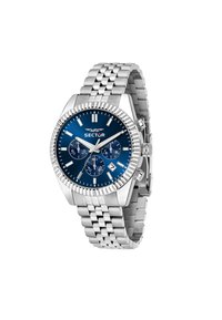 Orologio in acciaio inox argentato con quadrante blu, tre sottoquadranti e una finestra per la data. Presenta una lunetta scanalata e un bracciale a maglie in metallo.