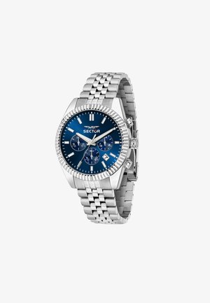 Orologio in acciaio inox argentato con quadrante blu, tre sottoquadranti e una finestra per la data. Presenta una lunetta scanalata e un bracciale a maglie in metallo.
