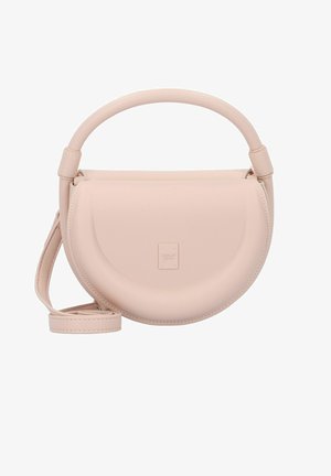 Sac à main en cuir blush rond avec un design structuré, une anse supérieure et une bandoulière amovible et réglable. Présente un logo subtil à l'avant.