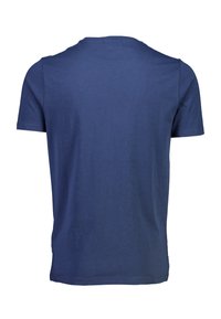 Marineblå bomulds t-shirt med korte ærmer, rund halsudskæring, ensfarvet design, blød tekstur og uden synlige mønstre eller accenter.