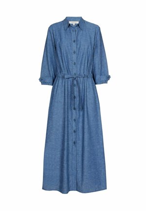 Jurk in denimstijl in medium blauw met een knoopsluiting aan de voorkant, kraag en verstelbare ceintuur in de taille. Voorzien van opgerolde mouwen en een comfortabele pasvorm.