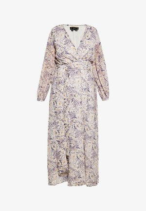 Pikendustega kleit lillemustriga pehmes lillal ja kollasel tooni, millel on V-kaelus ja sobiv kangast vöö taljel.