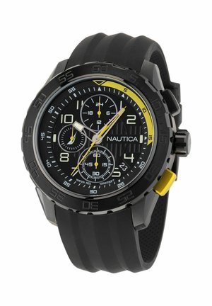 Montre de sport analogique noire avec un bracelet en silicone, dotée d'un cadran noir, d'accents jaunes, de fonctions chronographe et d'une résistance à l'eau jusqu'à 100 m.