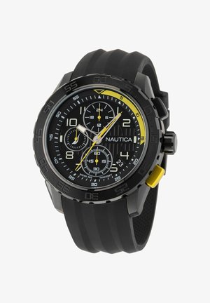 Ceas sport analog negru cu brățară din silicon, având un cadran negru, accente galbene, funcții cronograf și rezistență la apă de 100m.