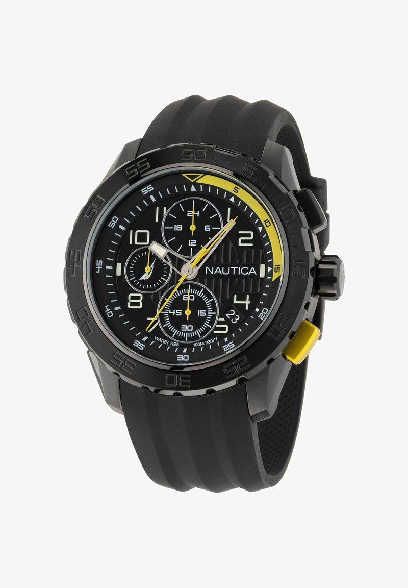 Orologio sportivo analogico nero con bracciale in silicone, dotato di quadrante nero, dettagli gialli, funzioni cronografiche e resistenza all'acqua fino a 100 m.