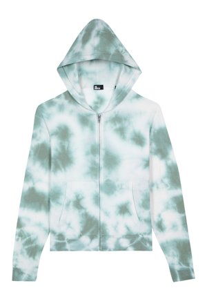 Sweat à capuche zippé, blanc avec un motif tie-dye vert, en tissu doux, avec des poches avant et une finition texturée.