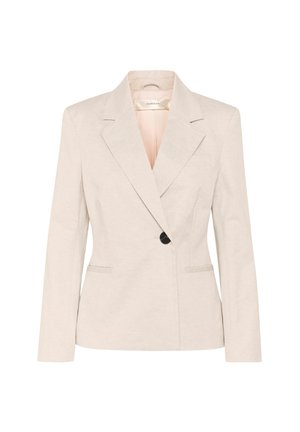 Beiger Blazer mit schmaler Passform, Reverskragen, einer Knopfverschluss und zwei vorderen Taschen. Glattes Material mit einer dezenten Textur.