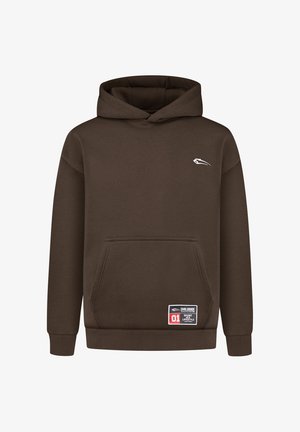 Brauner Hoodie aus Baumwollmischung, mit einer vorderen Kängurutasche, gerippten Bündchen und einem Etikett am Saum mit Logo- und Textdetails.