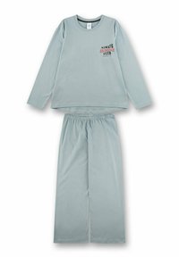 Helles blaues langärmliges Schlafanzugset aus weichem Stoff. Das Oberteil hat einen Brustdruck; die Hose hat einen elastischen Bund. Einfacher, lockerer Schnitt.