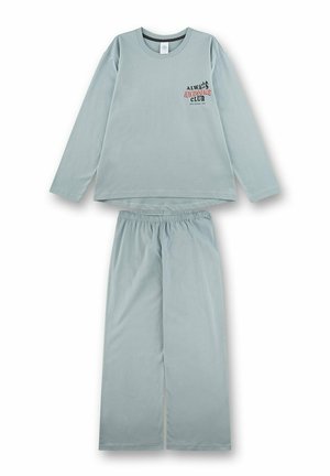 Helles blaues langärmliges Schlafanzugset aus weichem Stoff. Das Oberteil hat einen Brustdruck; die Hose hat einen elastischen Bund. Einfacher, lockerer Schnitt.