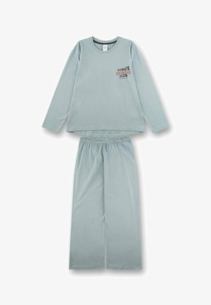 Helles blaues langärmliges Schlafanzugset aus weichem Stoff. Das Oberteil hat einen Brustdruck; die Hose hat einen elastischen Bund. Einfacher, lockerer Schnitt.