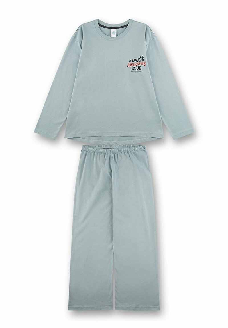Helles blaues langärmliges Schlafanzugset aus weichem Stoff. Das Oberteil hat einen Brustdruck; die Hose hat einen elastischen Bund. Einfacher, lockerer Schnitt.