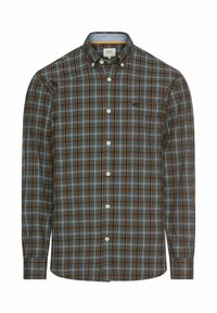 Button-up Hemd im karierten Muster in Blau, Grün und Orange. Mit einem Button-Down-Kragen, langen Ärmeln und einer einzelnen Brusttasche.