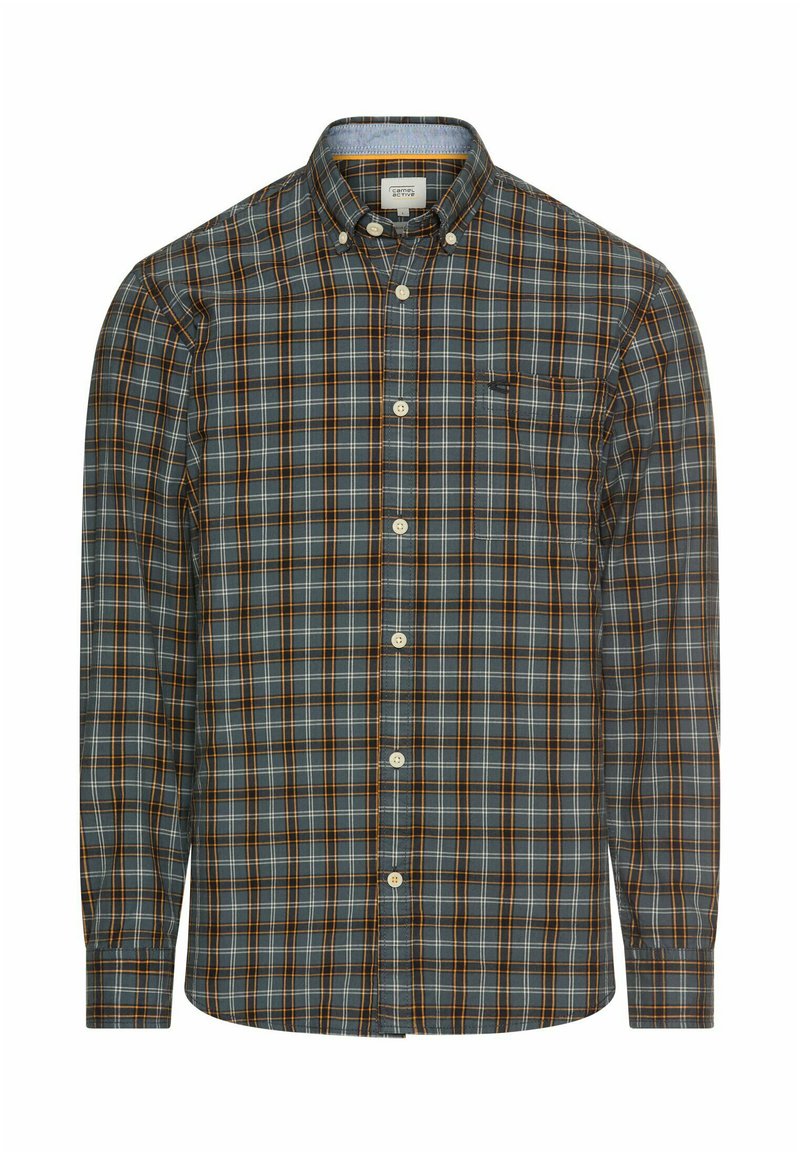 Button-up Hemd im karierten Muster in Blau, Grün und Orange. Mit einem Button-Down-Kragen, langen Ärmeln und einer einzelnen Brusttasche.