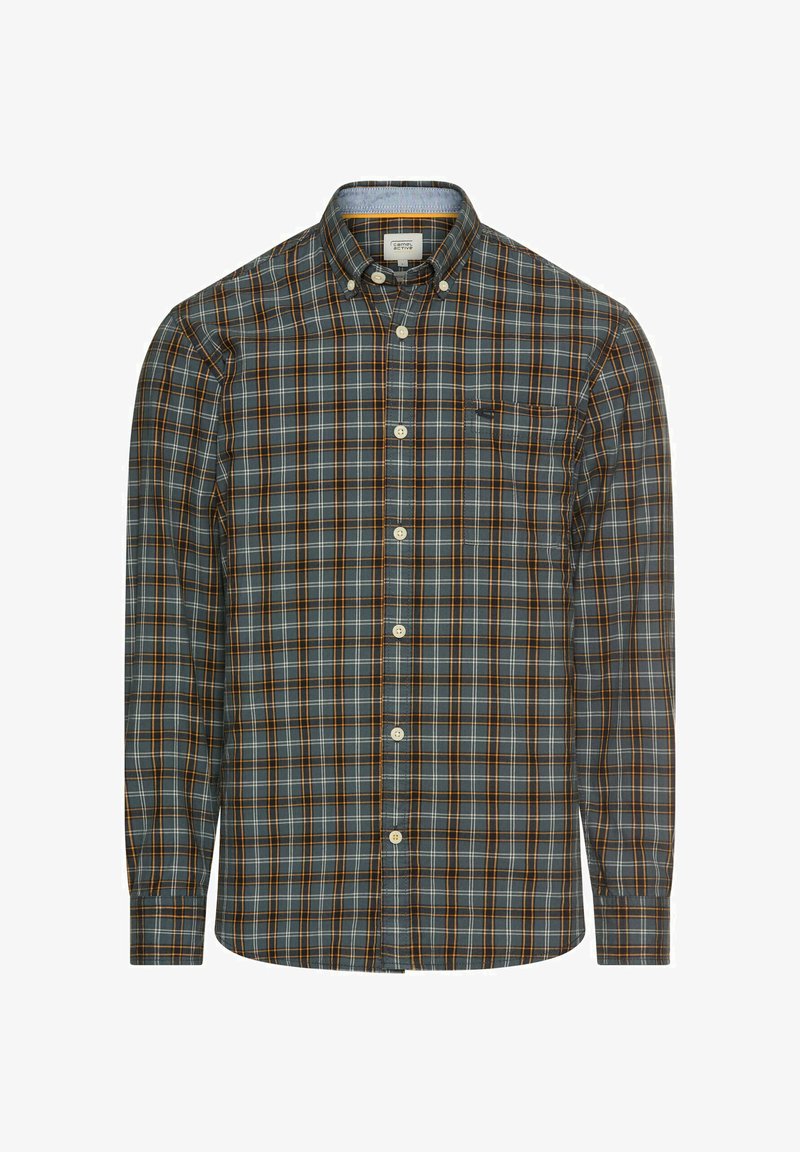 Chemise boutonnée à carreaux bleus, verts et oranges. Elle dispose d'un col boutonné, de manches longues et d'une poche poitrine unique.