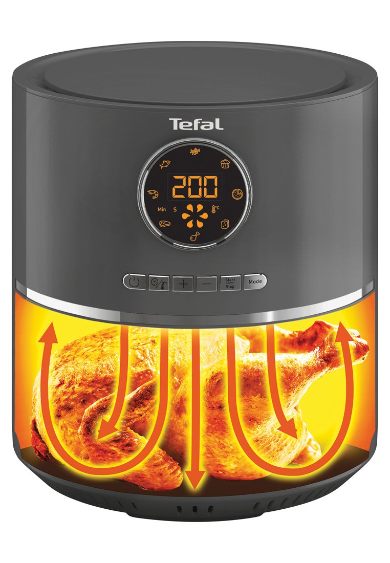 Friteuse à air de couleur gris foncé avec un afficheur numérique, fond transparent montrant un poulet rôti, et des flèches indiquant la circulation de l'air chaud.