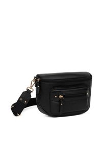 Borsa a tracolla in pelle nera con una texture liscia, scomparto principale con zip, due tasche frontali e dettagli in hardware dorato.