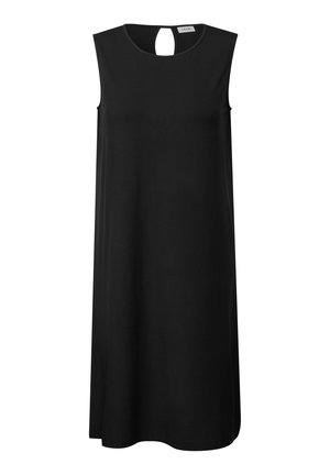 Sorte ærmeløs kjole med rund halsudskæring og nøglehulskæring på ryggen. Lavet af blødt stof, med en løs pasform og knælangt design.
