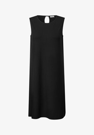 Vestido negro sin mangas con cuello redondo y un corte en forma de ojal en la parte posterior. Hecho de una tela suave, presenta un corte holgado y un diseño a la altura de la rodilla.