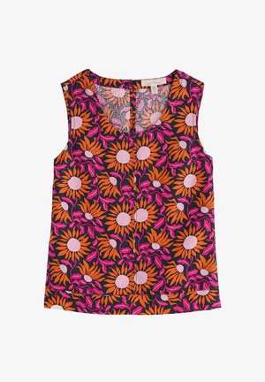 Floral sleeveless top in black, featuring orange sunflowers and pink accents, with a V-neckline and textured fabric.