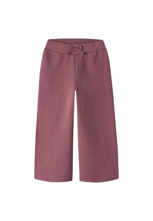 Pantalon mauve à jambes larges et coupé court avec une taille élastique et un petit nœud décoratif au centre devant.