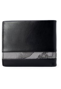 Portafoglio in pelle nera con una striscia di tessuto grigio effetto texturizzato. Presenta una finitura liscia e materiali a contrasto, forma rettangolare.