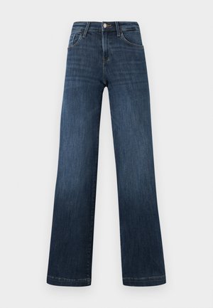 Jeans de mezclilla azul oscuro con un diseño de pierna ancha, que cuentan con cinco bolsillos y un cierre frontal de botón. Textura suave y detalles de costura clásicos.