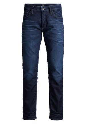 Jeans de mezclilla índigo oscuro con corte slim, que cuentan con cinco bolsillos, cierre de botón y costuras en contraste a lo largo de las costuras.
