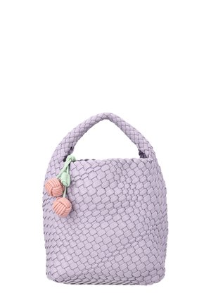 Light purple woven handbag with short braided handle and two pink decorative knots attached by green cords.