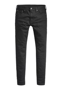 Jean noir slim-fit avec bouton et fermeture éclair à l'avant, design cinq poches et passants de ceinture, présenté sur fond blanc.