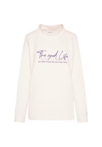 Weißer Pullover mit hohem Kragen, der den Text "The good Life" in Lila zeigt. Strukturierter Stoff mit langen Ärmeln und geradem Saum.