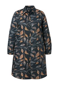 Robe chemise à manches longues avec un fond noir ornée de motifs de feuilles orange et gris.