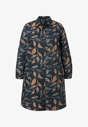 Sukienka koszulowa z długim rękawem, zapinana na guziki, na czarnym tle z pomarańczowymi i szarymi wzorami liści.