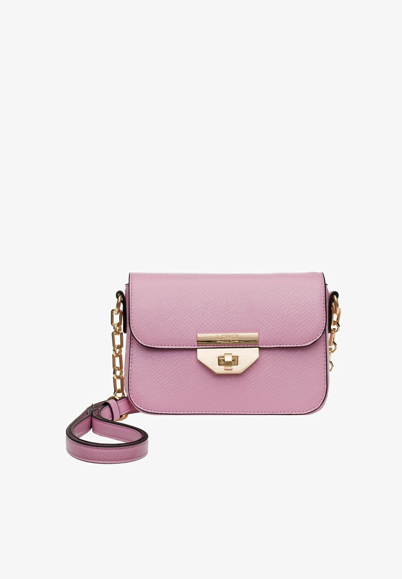 Pink textured leather handbag with a gold-tone clasp, chain strap, and rectangular shape. Features a flap closure and brand logo on the front.