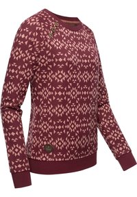 Felpa bordeaux con un motivo geometrico rosa, scollo rotondo e dettaglio a tre bottoni sulla spalla. Polsini e orlo a costine.