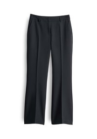 Pantalons noirs à coupe évasée, fabriqués en tissu lisse. Comprend des poches avant, une taille plate et un pli subtil sur le devant.