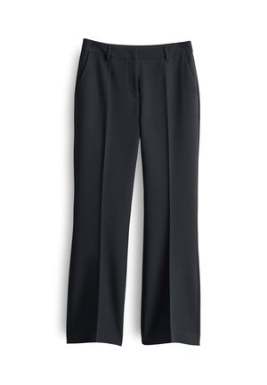 Schwarze Hose mit weitem Bein, gefertigt aus glattem Stoff. Verfügt über Fronttaschen, einen flachen Taillenbund und eine subtile Falte an der Vorderseite.